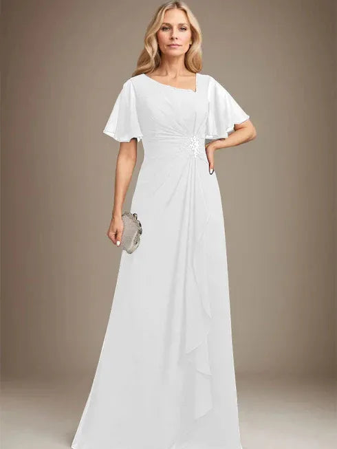 A-Line Asymmetrical Floor-Length Chiffon Mother of the Bride Dress with Pleated Beading and Sequins