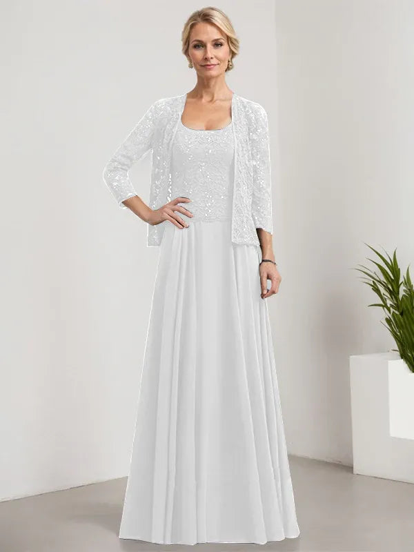 A-Line Square Neck Floor-Length Lace and Chiffon Mother of the Bride Dress with Sequins
