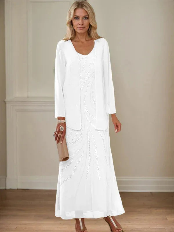 V-Neck Sheath/Mother of the Bride Ankle-Length Dress with Jacket & Sequins