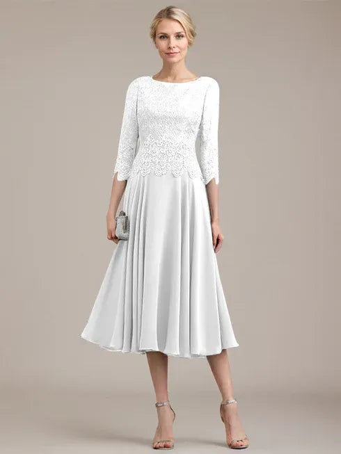 A-Line Scoop Neck Tea-Length Lace Chiffon Mother of the Bride Dress