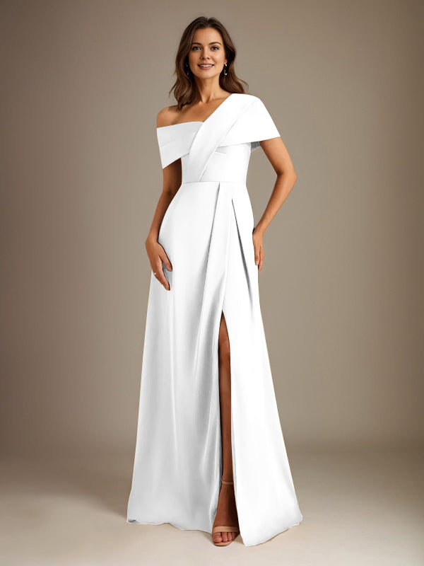 A-Line Satin Mother of the Bride Dress with Asymmetrical Neckline, Floor-Length, and Pleated Design