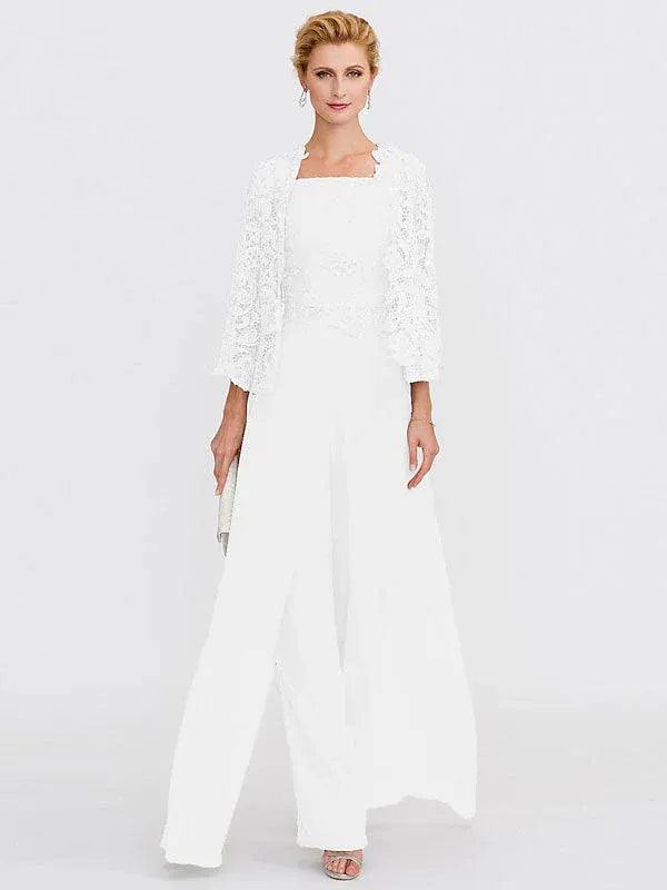 3-Piece Chiffon Square Neck Mother of the Bride Pantsuit Set with Jacket