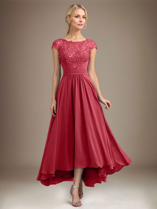 A-Line Scoop Neck Illusion Asymmetrical Lace Chiffon Mother of the Bride Dress with Pleats