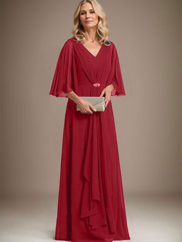 A-Line V-Neck Floor-Length Chiffon Mother of the Bride Dress with Cascading Ruffles and Crystal Brooch