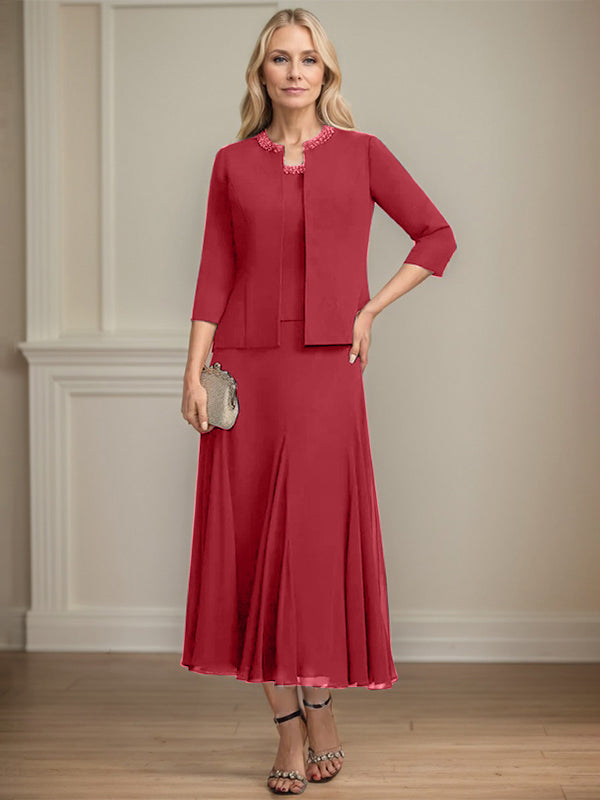 A-line Scoop Tea-Length Chiffon Mother of the Bride Dress with Sequins and Beading Separates