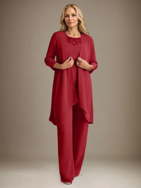 Chiffon Scoop Neck Long Sleeve Mother of the Bride Pantsuit with Jacket