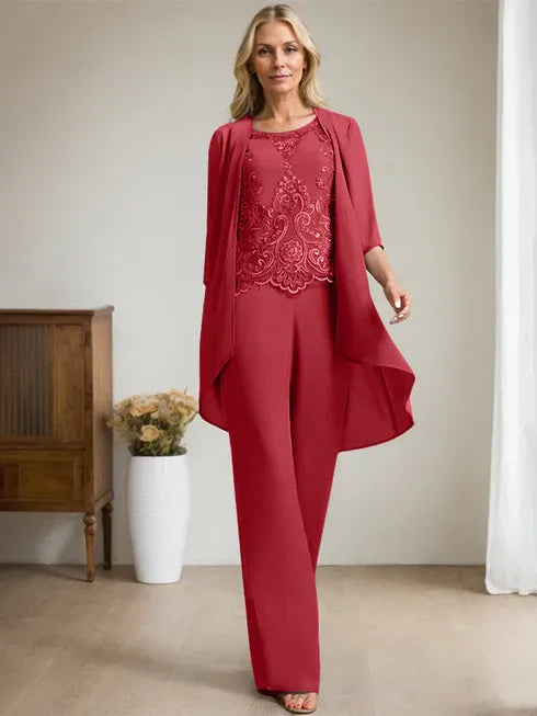 Floor-Length Chiffon Lace Mother of the Bride Jumpsuit/Pantsuit with Scoop Neck, Beading, and Sequins