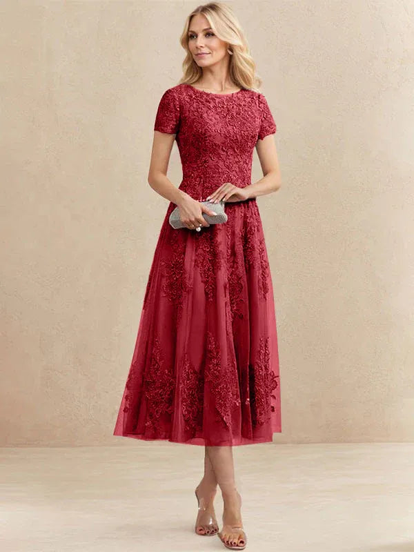 A-Line Scoop Neck Tea-Length Tulle Lace Mother of the Bride Dress