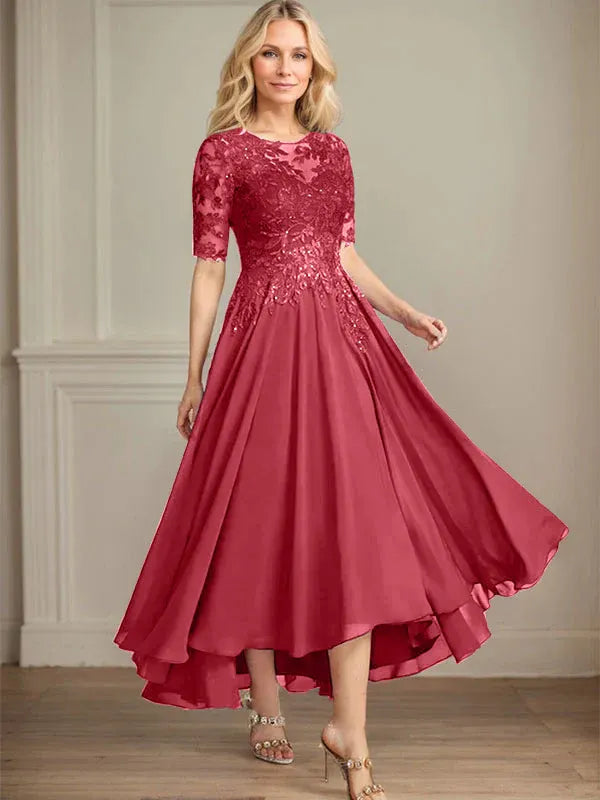 A-Line Scoop Neck Illusion Asymmetrical Chiffon and Lace Mother of the Bride Dress with Sequins