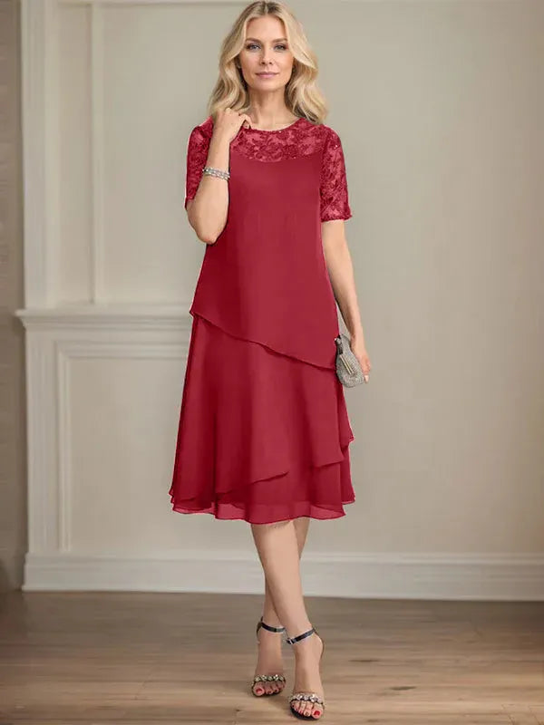A-Line Scoop Neck Illusion Knee-Length Lace Chiffon Mother of the Bride Dress with Sequins