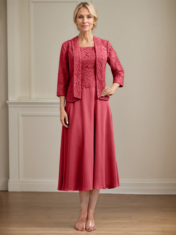 A-Line Scoop Neck Tea-Length Lace Chiffon Mother of the Bride Dress