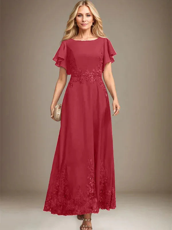 A-Line Scoop Neck Ankle-Length Lace and Chiffon Mother of the Bride Dress with Sequins