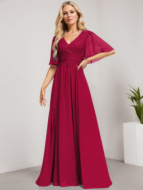 A-Line V-Neck Floor-Length Lace Chiffon Mother of the Bride Dress with Sequins