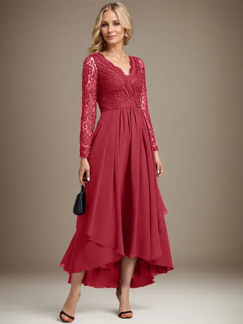 A-Line V-Neck Asymmetrical Lace Chiffon Mother of the Bride Dress