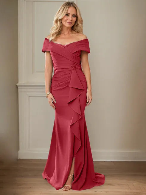 Floor-Length Lace and Chiffon Mother of the Bride Dress with Sheath/Column V-Neck Illusion and Pleated Sequins