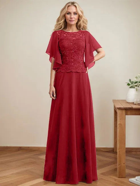 A-Line Scoop Neck Illusion Floor-Length Lace Chiffon Mother of the Bride Dress with Sequins