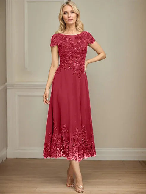 A-Line Illusion Scoop Tea-Length Lace Chiffon Mother of the Bride Dress with Sequins