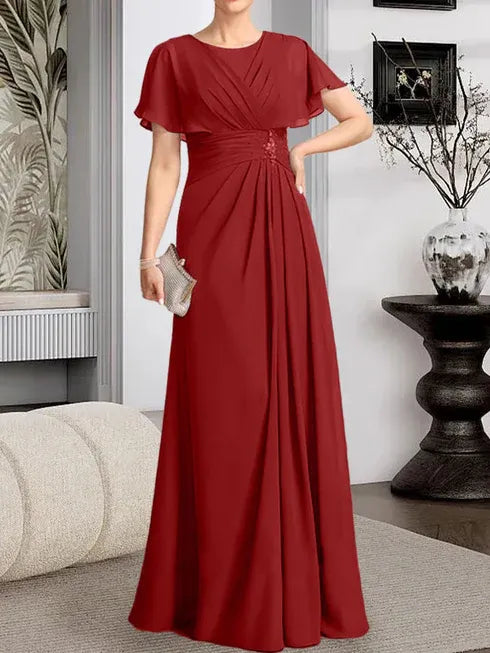 A-Line Scoop Neck Floor-Length Chiffon Mother of the Bride Dress with Pleated Beading