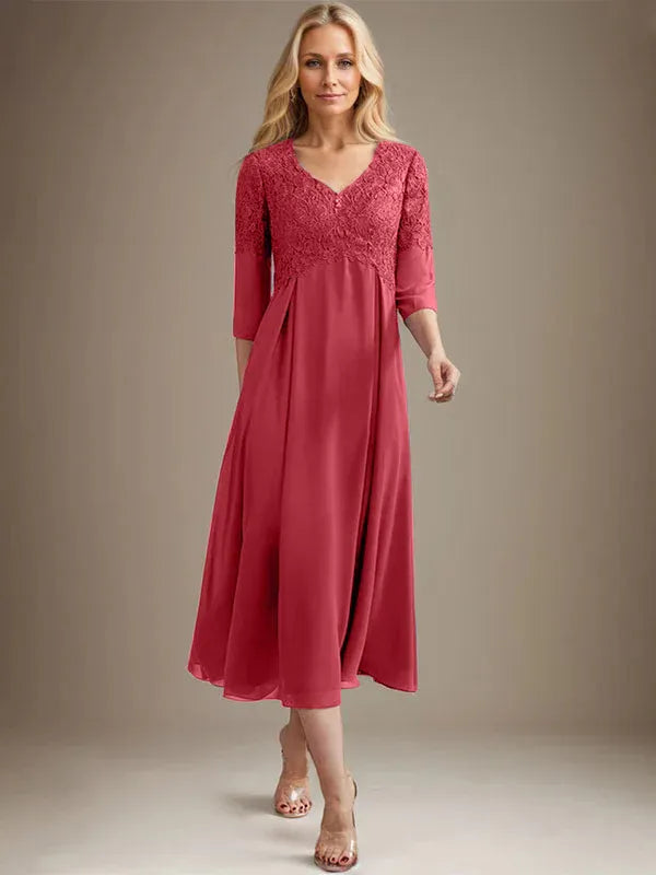 A-Line V-Neck Tea-Length Chiffon Lace Mother of the Bride Dress with Beading