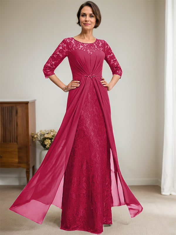 A-Line Scoop Neck Illusion Floor-Length Lace Chiffon Mother of the Bride Dress with Beaded Ruffles