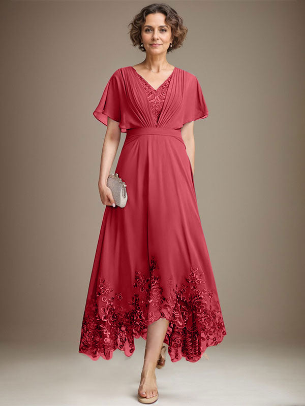 A-Line V-Neck Asymmetrical Lace Chiffon Mother of the Bride Dress with Pleats