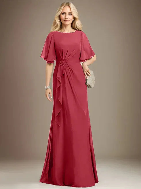 A-Line Scoop Floor-Length Chiffon Mother of the Bride Dress with Cascading Ruffles, Beading, and Sequins