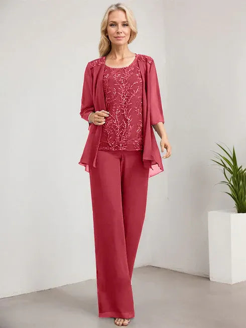 Floor-Length Lace Chiffon Mother of the Bride Jumpsuit/Pantsuit with Scoop Neck and Sequins