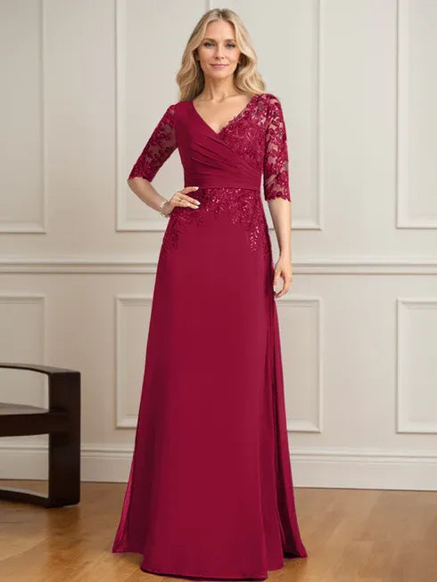 A-Line V-Neck Floor-Length Lace and Chiffon Mother of the Bride Dress with Pleated Sequins