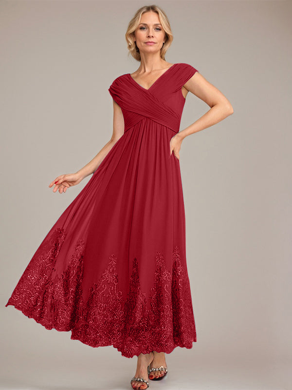A-Line V-Neck Chiffon Mother of the Bride Dress with Appliqué and Sequins, Ankle-Length