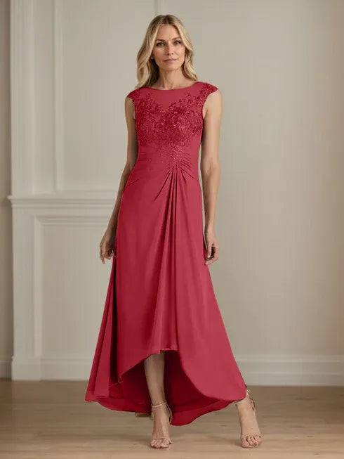Champagne A-Line Lace and Chiffon Scoop Neck Dress