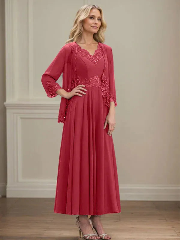 A-Line V-Neck Chiffon Mother of the Bride Dress with Sequins, Appliques, Lace, and Beading at Ankle Length