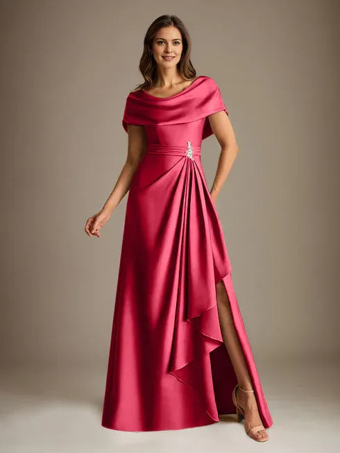 A-Line Scoop Neck Floor-Length Stretch Satin Mother of the Bride Dress with Cascading Ruffles