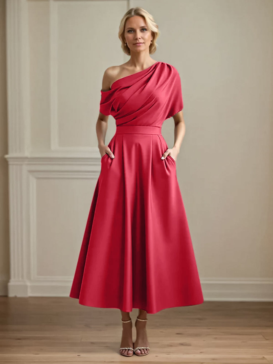 One-Shoulder Satin A-Line Pleated Ankle-Length Mother of the Bride Dress