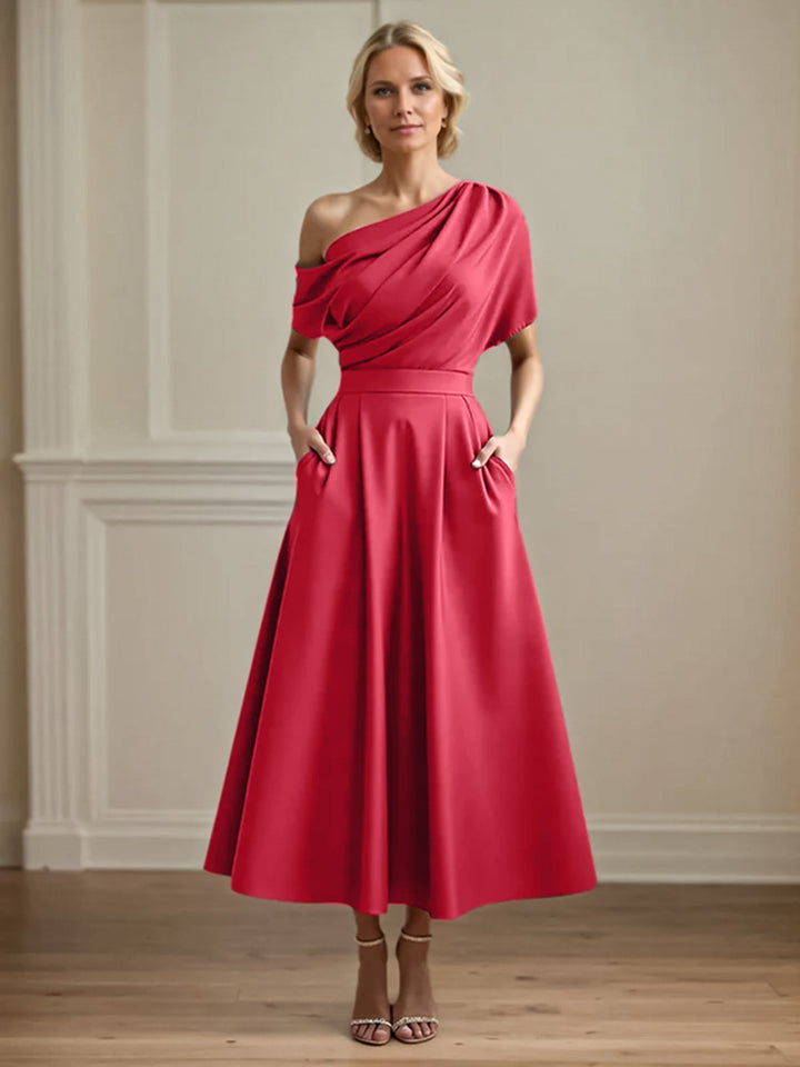 One-Shoulder Satin A-Line Pleated Ankle-Length Mother of the Bride Dress