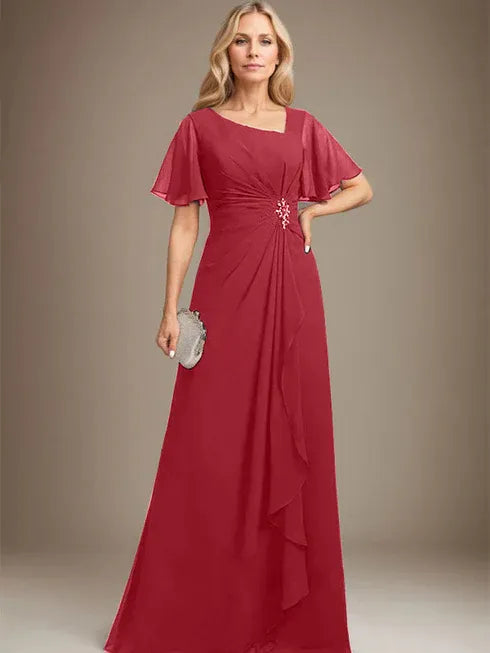 A-Line Asymmetrical Floor-Length Chiffon Mother of the Bride Dress with Pleated Beading and Sequins