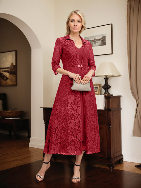 A-Line V-Neck Tea-Length Chiffon Mother of the Bride Dress