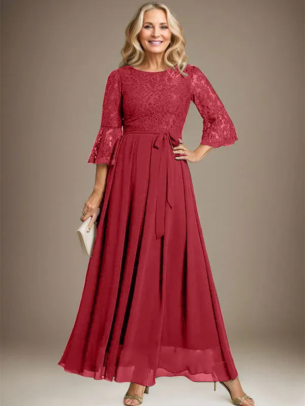 A-Line Scoop Neck Ankle-Length Lace Chiffon Mother of the Bride Dress with Bow
