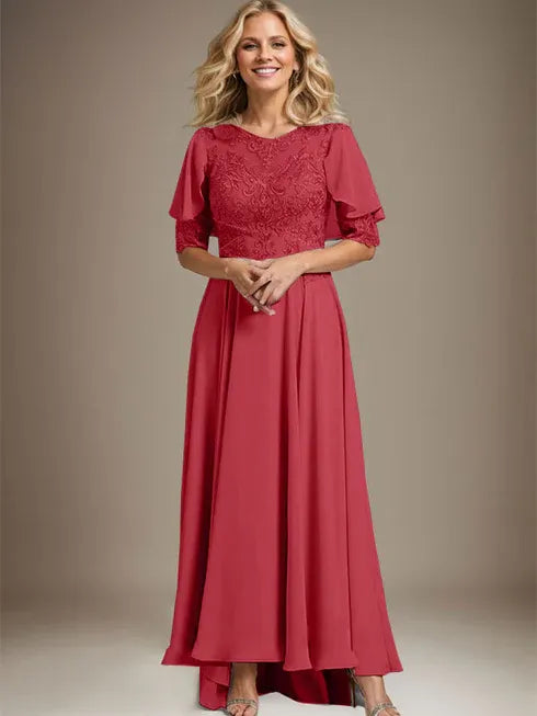 A-Line Scoop Neck Illusion Asymmetrical Chiffon and Lace Mother of the Bride Dress with Beading