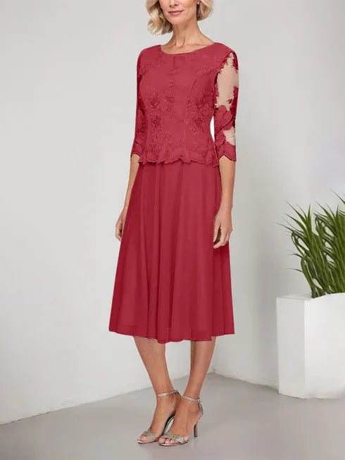 A-Line Scoop Neck Tea-Length Lace Chiffon Mother of the Bride Dress with Embroidery