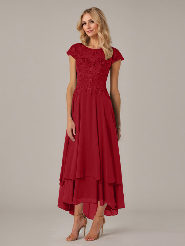 A-Line Boat Neck Illusion Asymmetrical Chiffon Lace Mother of the Bride Dress with Applique and Pleats