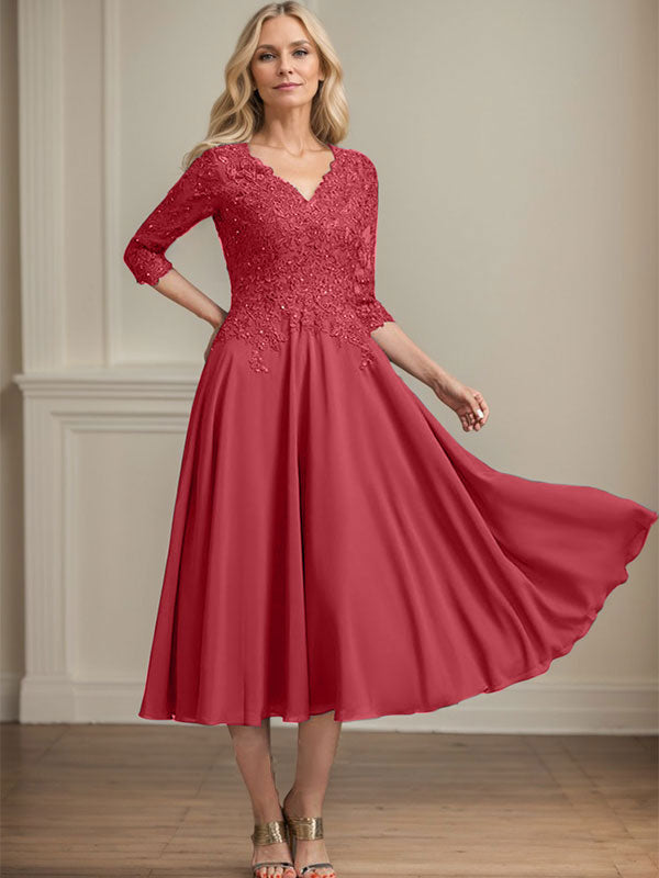 A-Line V-Neck Tea-Length Chiffon and Lace Mother of the Bride Dress with Beading and Sequins