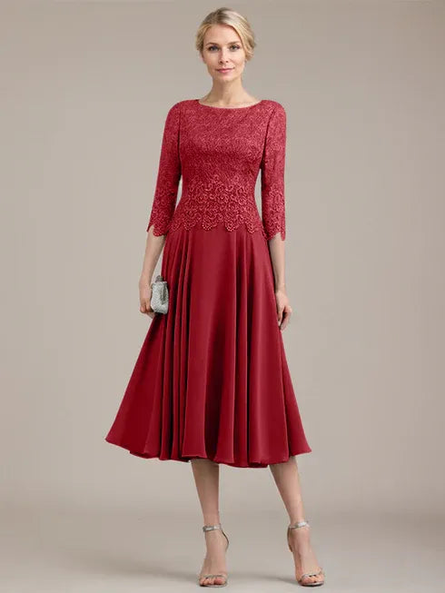 A-Line Scoop Neck Tea-Length Lace Chiffon Mother of the Bride Dress