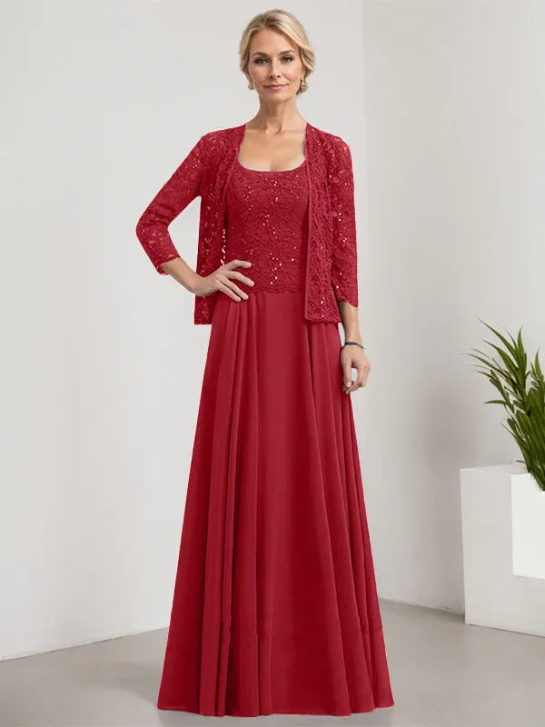 A-Line Square Neck Floor-Length Lace and Chiffon Mother of the Bride Dress with Sequins