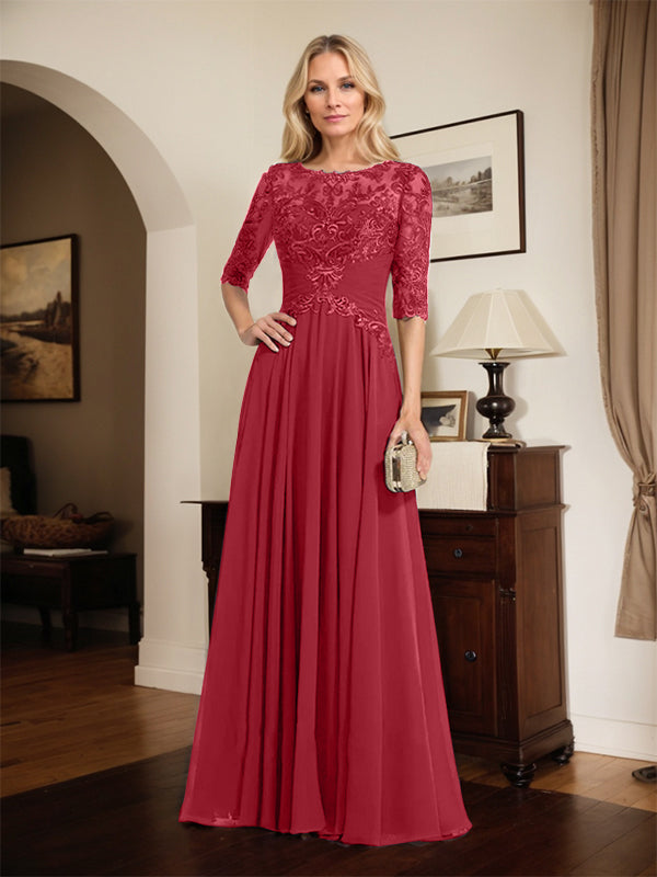 A-Line Scoop Neck Illusion Floor-Length Chiffon and Lace Mother of the Bride Dress with Pleated Sequins