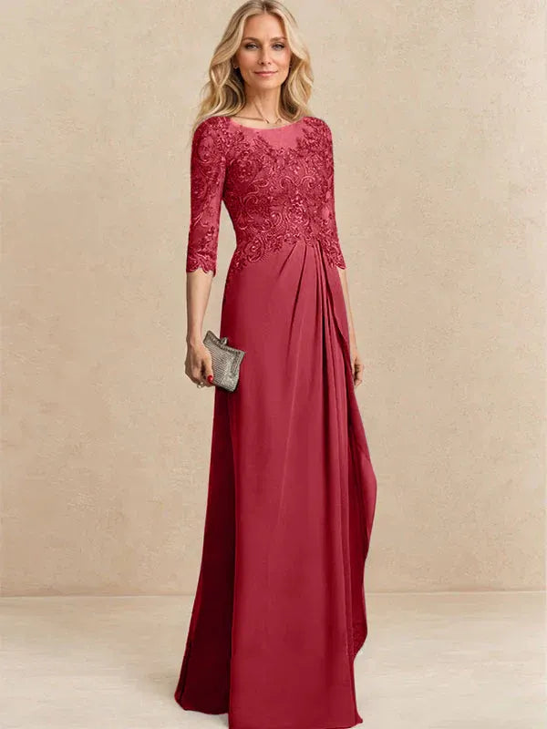 A-Line Scoop Illusion Floor-Length Chiffon and Lace Mother of the Bride Dress with Beading, Sequins, and Cascading Ruffles