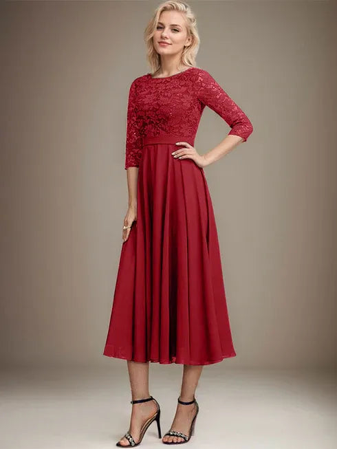 A-Line Scoop Neck Tea-Length Lace Chiffon Mother of the Bride Dress with Sequins