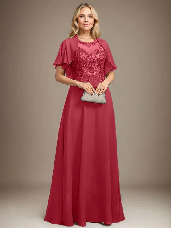 A-Line Scoop Neck Illusion Floor-Length Lace Chiffon Mother of the Bride Dress with Sequins