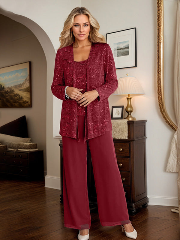 Chiffon Mother of the Bride Pantsuit Set with Jacket and Sequins