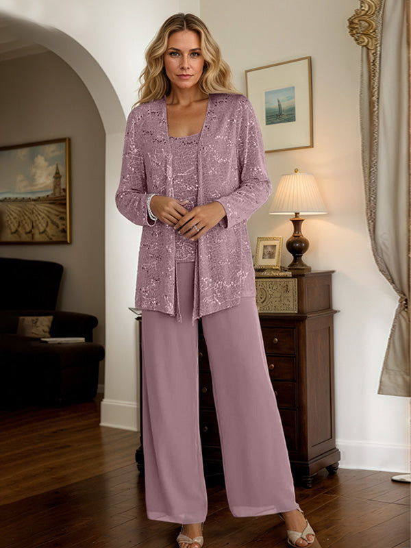 Chiffon Mother of the Bride Pantsuit Set with Jacket and Sequins