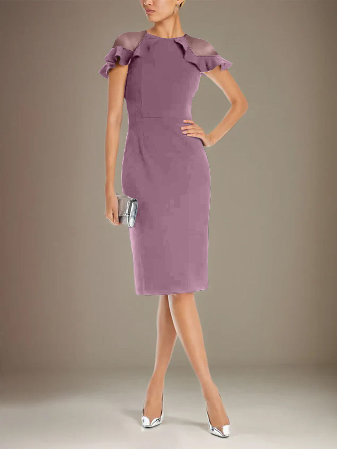 Sheath Dress with Column Stretch Crepe, Scoop Neck, Short Sleeves, Knee Length
